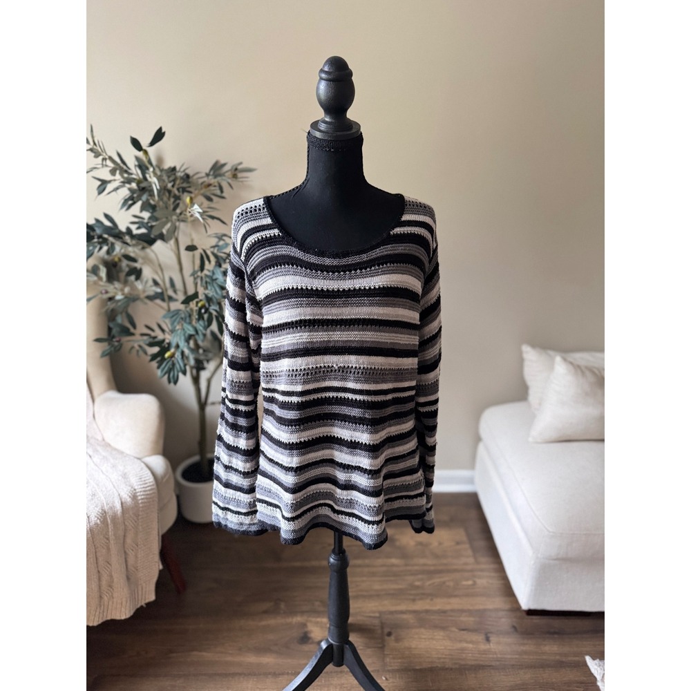 St Johns Bay Womens XL Striped Knit Sweater Black Grey White Scoop Neck Pullover